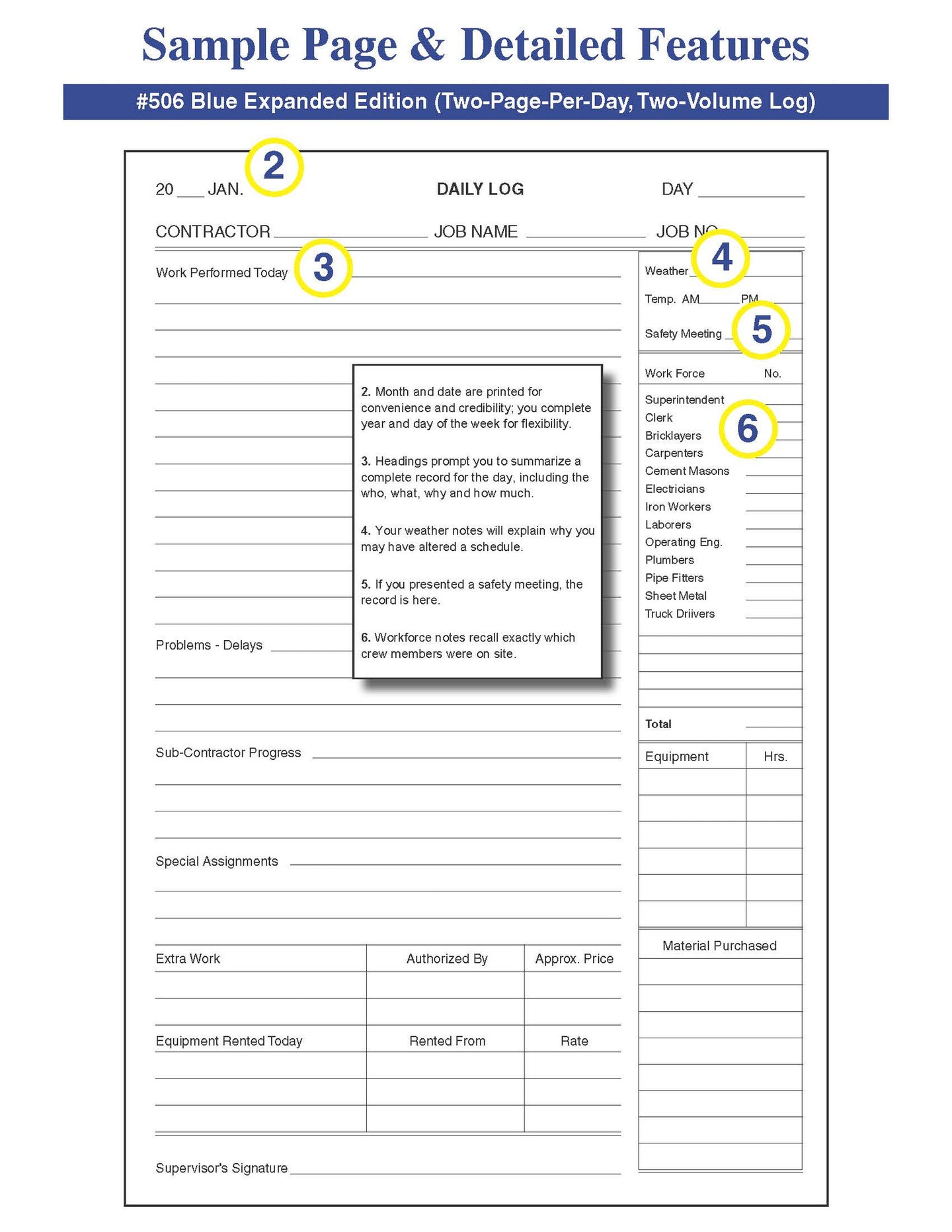 Construction & Maintenance (2 Volume Set) Daily Log Book #506 Sample Page